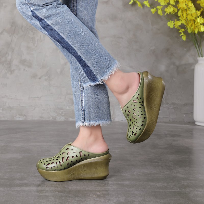 Leather increased thick bottom vintage sandals handmade hollow carved women's shoes - Slippers - Genuine Leather Green