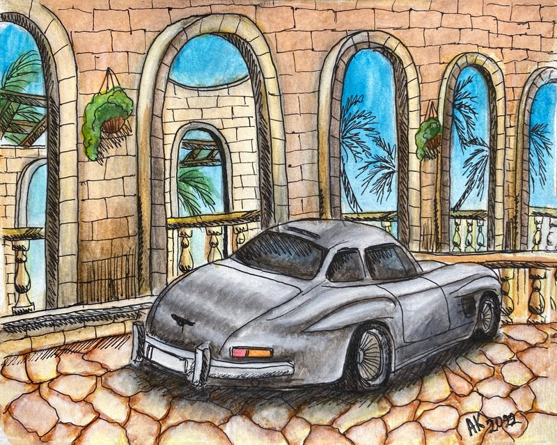 Classic Mercedes, watercolour painting, car illustration, italian vacation - 壁貼/牆壁裝飾 - 其他材質 灰色
