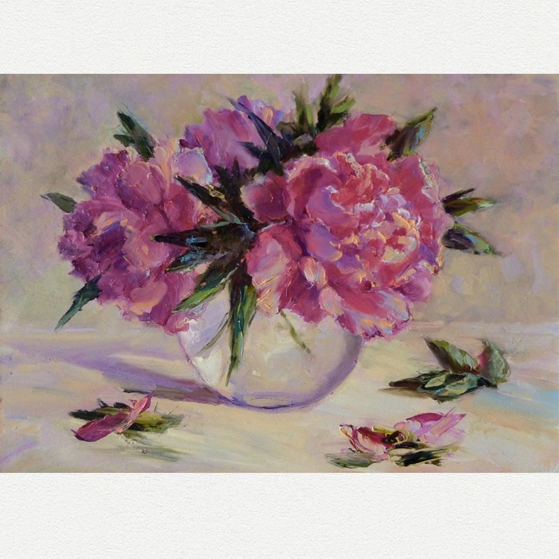 Pink peonies oil painting - original art - peonies in a vase - flower painting - 海報/掛畫/掛布 - 其他材質 粉紅色