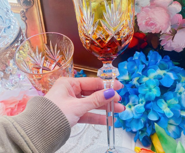 フランス製ハンドカットオレンジアンティーククリスタルワイングラス