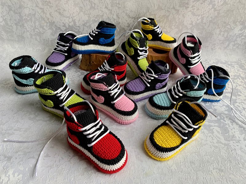 Nike Jordans Baby Booties Sneakers Jordan 1 Crochet Crochet Shoe Shower - Baby Shoes - Cotton & Hemp 