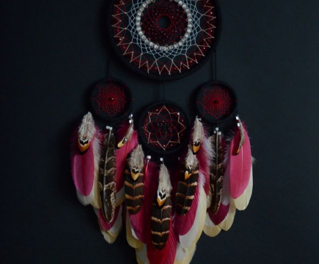 Garnet red dreamcatcher with natural feathers, Large dream catcher