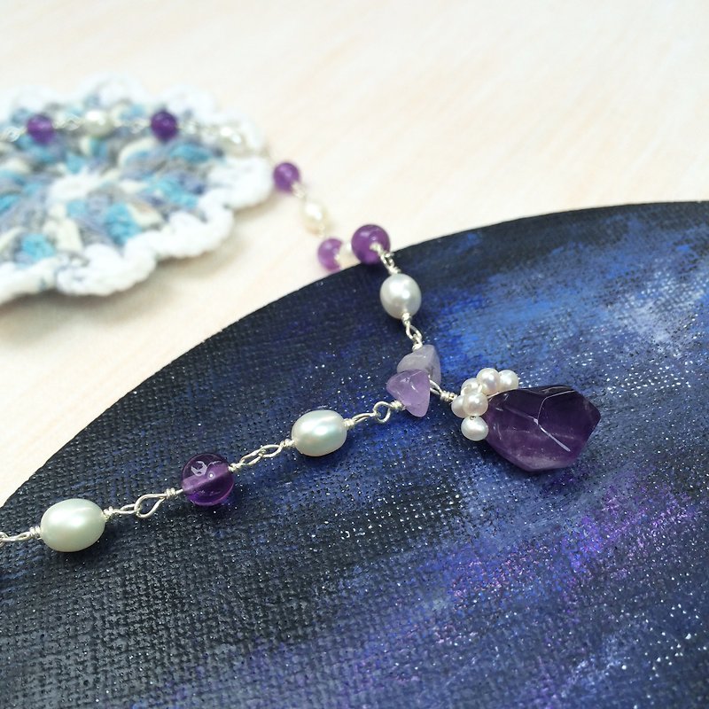 Temperament amethyst pearl necklace 925 silver irregular pendant models Miss Flora | 【Violet Series】 - สร้อยคอ - เครื่องเพชรพลอย 