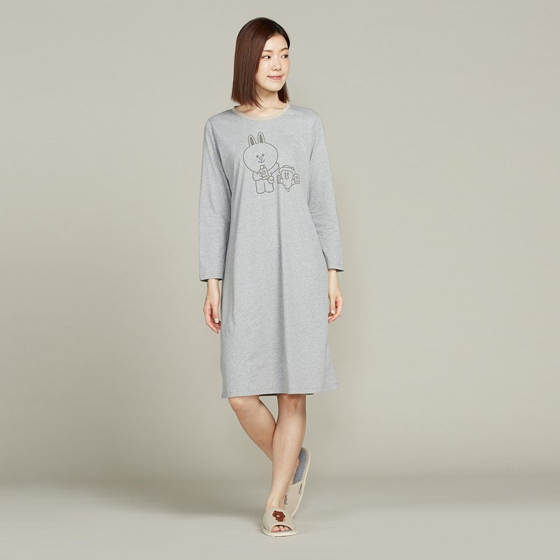 LINE FRIENDS | 兔兔莎莉網印長袖洋裝-迷霧灰 - 連身裙 - 棉．麻 灰色