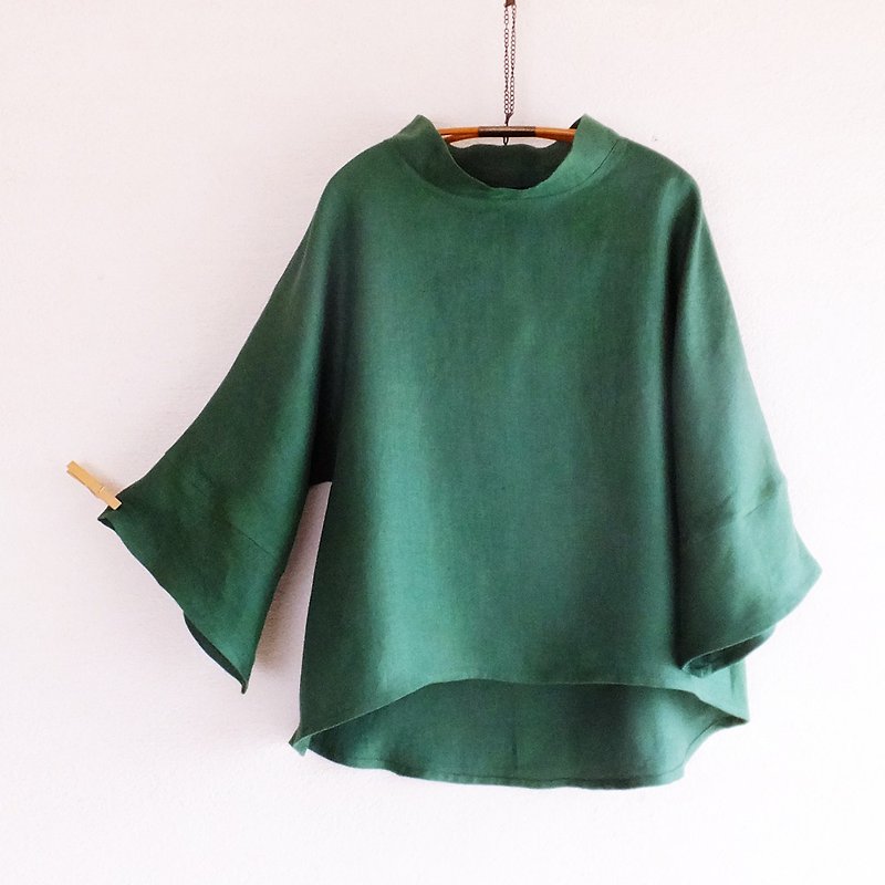 French linen tops　three quarter sleeve　Forest color - Women's Tops - Cotton & Hemp Green