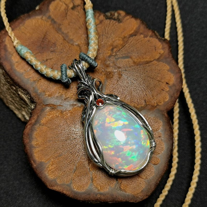25ct African Opal/Strong Color, Feather Pattern-Sterling Silver Braided Design Pendant/Ruby/With Wax Thread Necklace - Necklaces - Semi-Precious Stones Multicolor