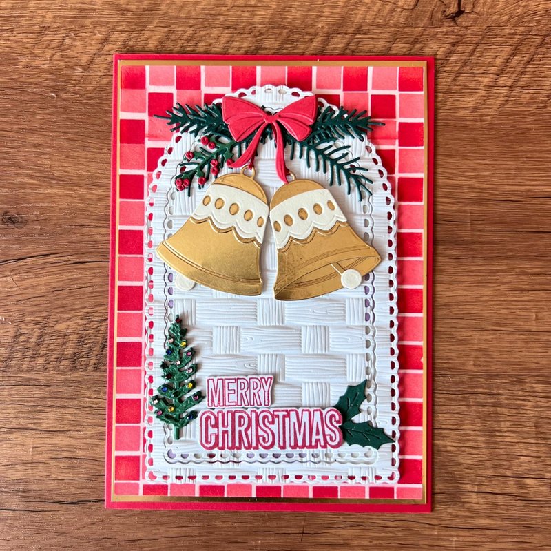 MERRY CHRISTMAS 聖誕鐘 拱門 紅色 格子 背景 聖誕卡 - 卡片/明信片 - 紙 紅色