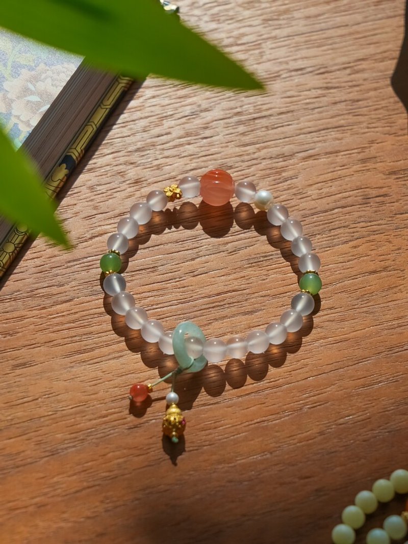 原創手工荔枝凍南紅和田碧玉天然淡水珍珠手串招好運手鏈生日禮物 - 手鍊/手環 - 玉石 白色