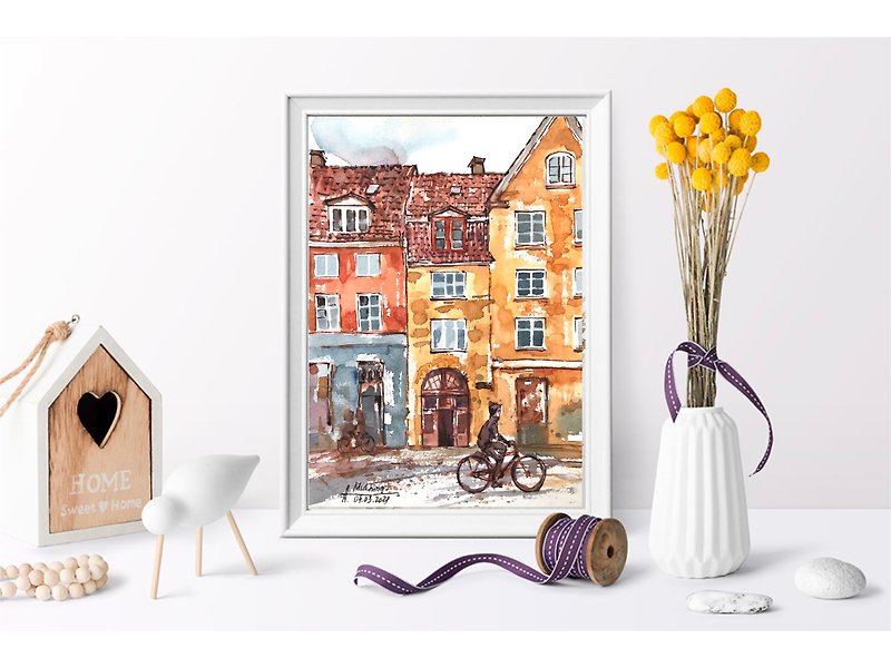 ドイツのアート オリジナルの水彩アート 自転車の絵 オリジナルの絵 アーバンスケット - ウォールデコ・壁紙 - 紙 オレンジ