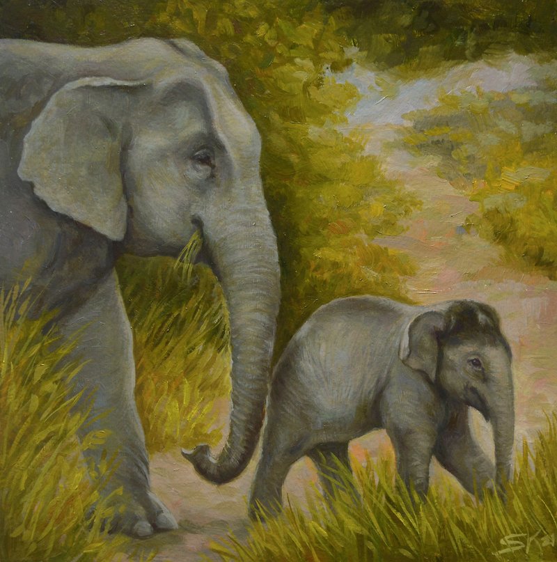 大象 绘画作品 野生动物园 家 家庭 动物 - 海報/掛畫/掛布 - 其他材質 綠色