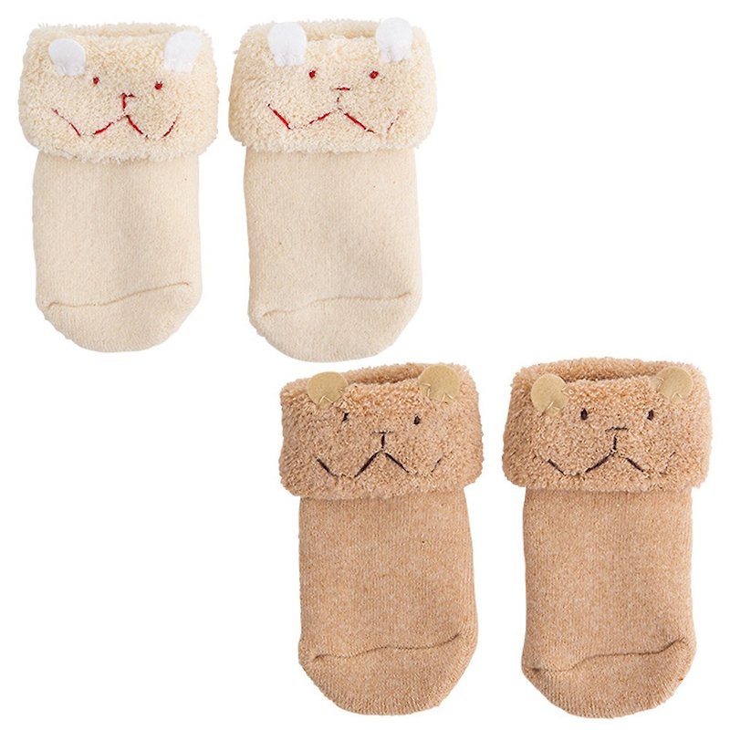 棉．麻 嬰兒襪子 白色 - Y-1030 100% Organic Cotton Pile Socks Rabbit Bear Face Embroidery With Non-Slip Size 9-10cm One Size Made in Japan