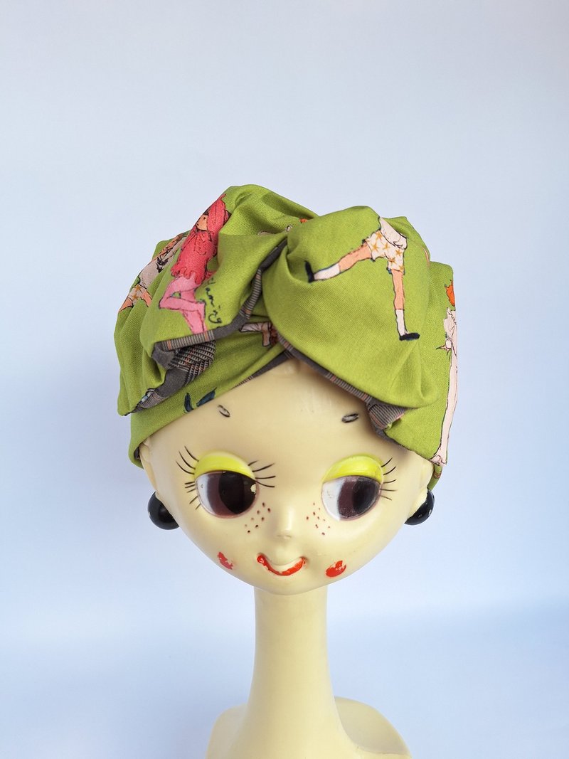 Petitbebe~可愛漫畫小人格子雙面手綁寬版手作髮帶(照片近期補上) - 髮夾/髮圈 - 棉．麻 綠色