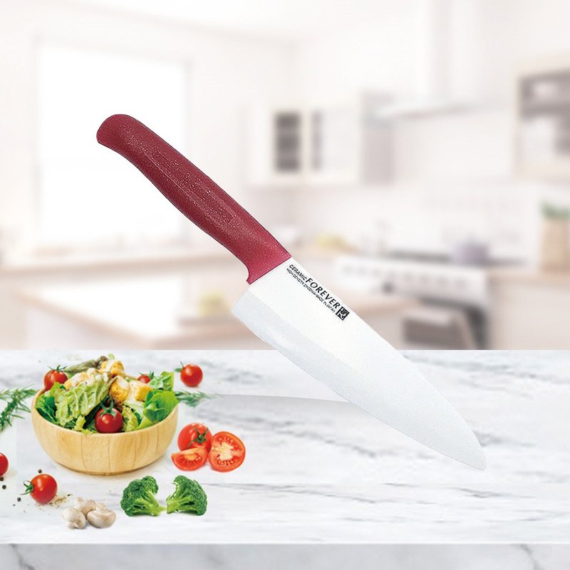 Japanese FOREVER manufacture Feng Aihua high precision standard series ceramic knife 18CM white blade red handle - Knives & Knife Racks - Porcelain Red