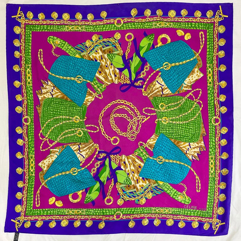 Vintage CELINE Handbags Chain Straps Gold Coins Tassels Square Silk Scarf - 絲巾 - 絲．絹 多色