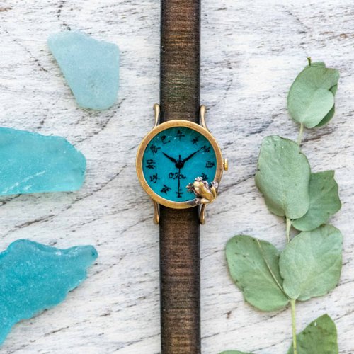 froggywatch 窺視著池面的青蛙 江戶文字手錶 S 墨綠