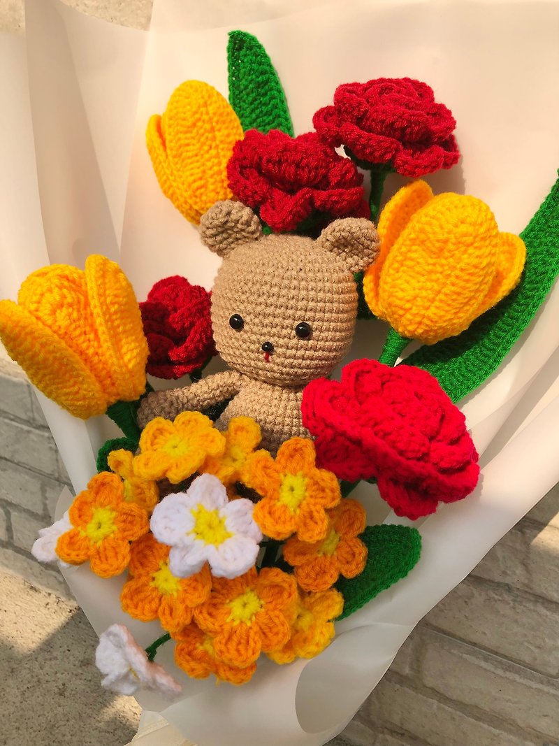 Crochet Teddy brown Bear with Tulip Rose and Forget me not Flower Bouquet - Plants & Floral Arrangement - Other Materials Red