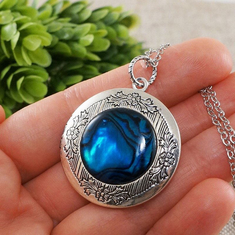 Ultramarine Blue Abalone Paua Shell Silver Photo Locket Pendant Necklace Jewelry - Necklaces - Shell Blue