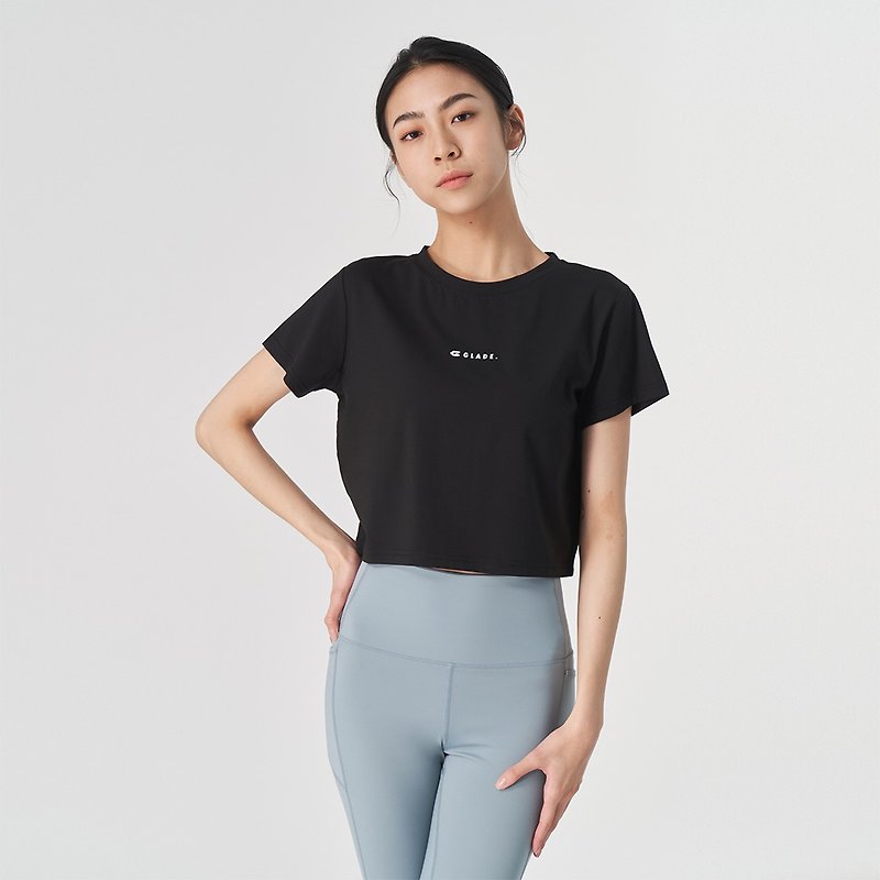 Cotton & Hemp Women's Sportswear Tops Black - 【GLADE.】Blooming short-sleeved women's short-sleeved fitness top (black)
