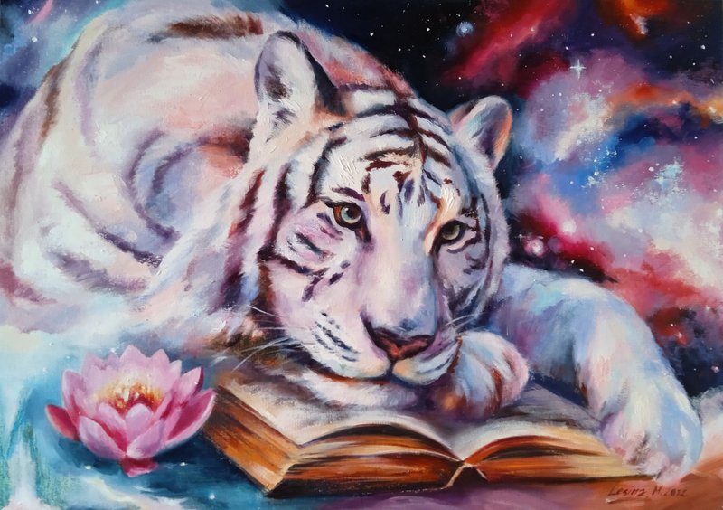 White Tiger Oil Painting Colorful Animals Art on Canvas Lotus painting Space Art - Wall Décor - Other Materials Pink