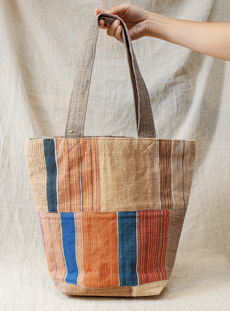 純棉手織 拼布包 肩背包 購物袋 – 咖啡磚紅 - 側背包/斜背包 - 棉．麻 咖啡色