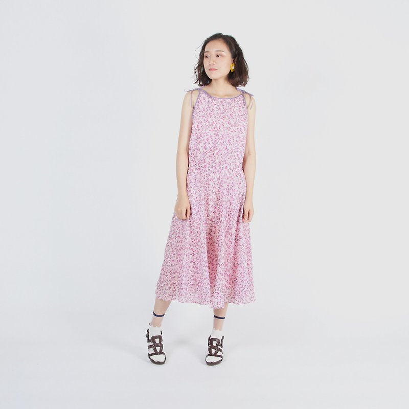 [Egg plant ancient] Camellia climbing vine thin shoulder strap sleeveless printing vintage dress - One Piece Dresses - Polyester Pink