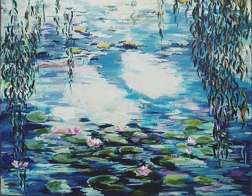 JoyArtUA 我的莫內睡蓮池塘印象派水景畫藍天倒影