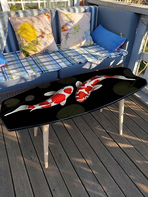 HANDYCOR Surfboard Shaped Wooden Black Coffee Table with Koi Fish Japan Style Design