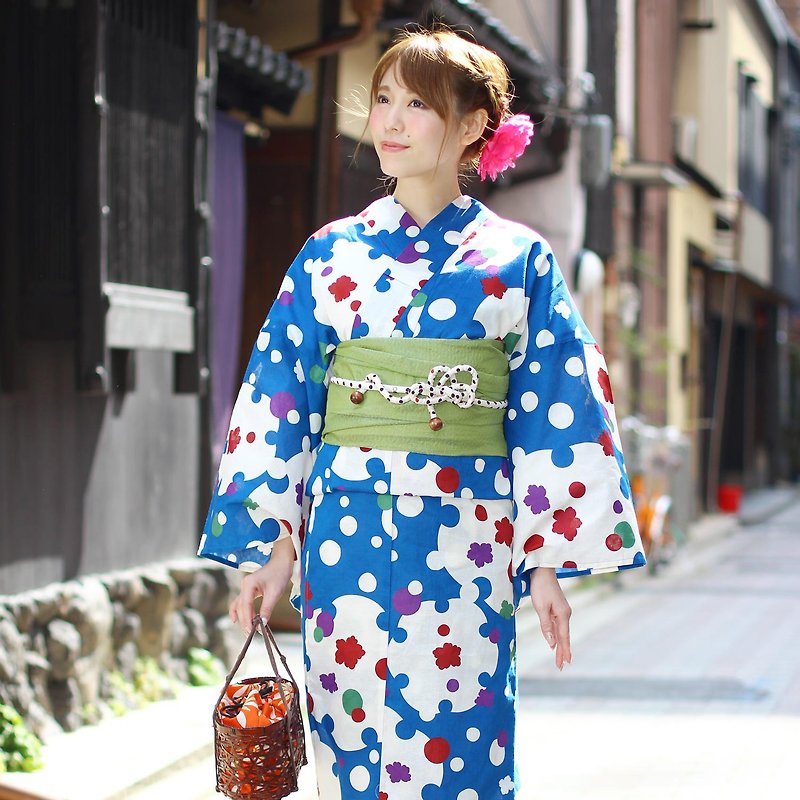 日本 和服 日本染色 梭織 女性 浴衣 腰封 2件組 F x63-5 yukata - 其他 - 棉．麻 藍色