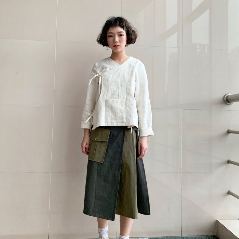 Cotton & Hemp Skirts Green - Army green color matching design skirt