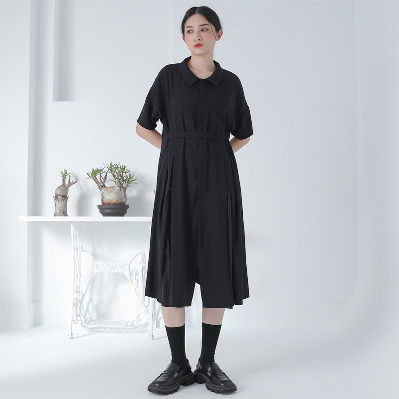 Qingyue_青月造型百褶洋裝_22SF102_黑 - 洋裝/連身裙 - 聚酯纖維 黑色