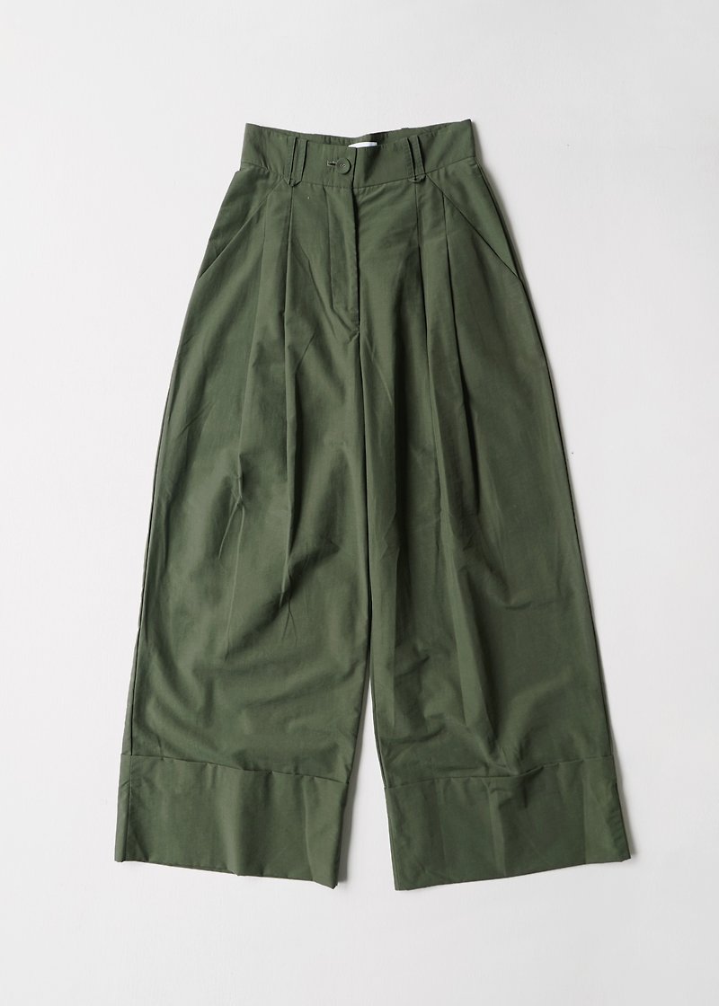 反摺寬褲 / 綠 - 女長褲 - 聚酯纖維 綠色