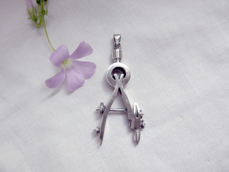 Spring Compass--Drawing Tool--Sterling Silver--Pendant Necklace with Wax Rope - Necklaces - Silver Silver