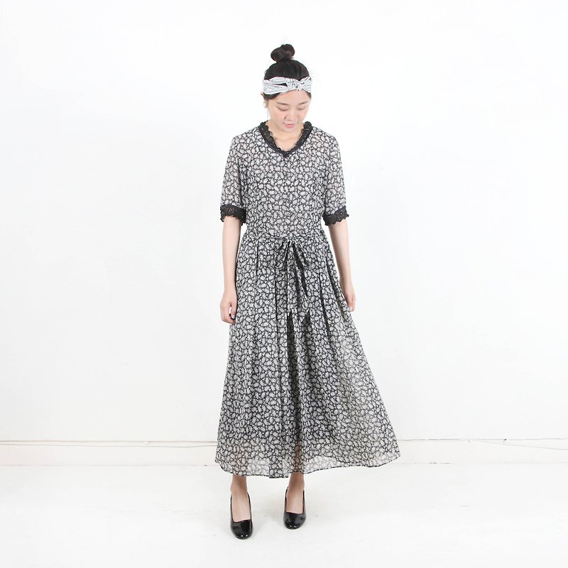 [Egg Plant Vintage]Crow Rain Print Short Sleeve Vintage Dress - One Piece Dresses - Polyester Black