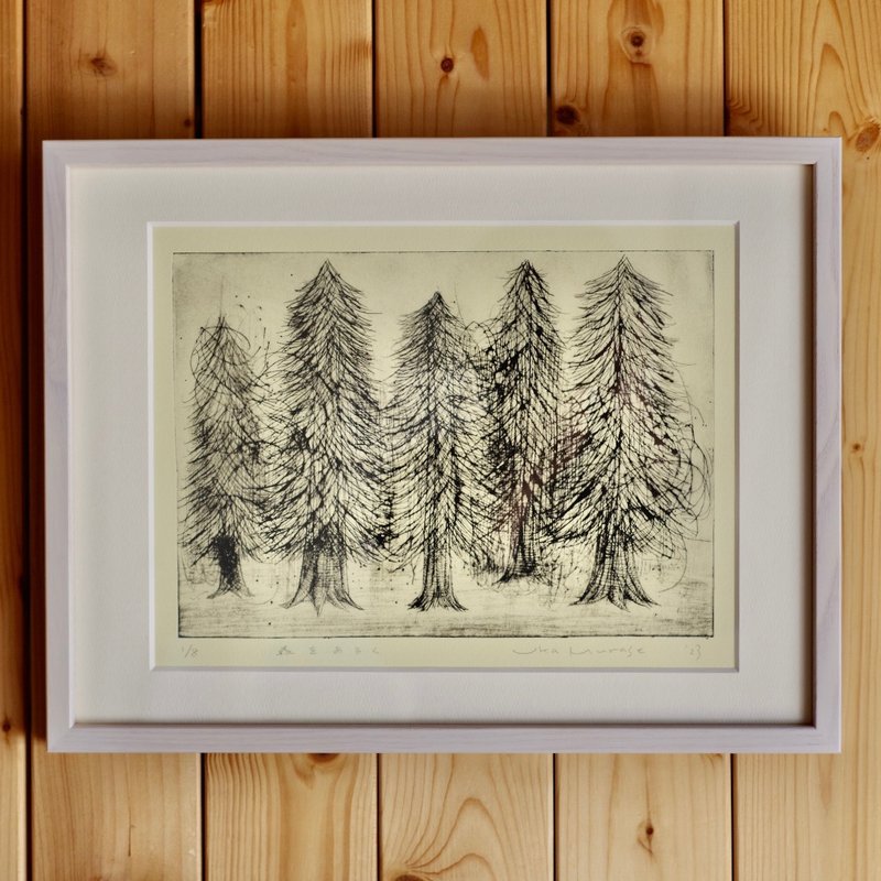 Walk in the forest  original drypoint  limited edition - กรอบรูป - ผ้าฝ้าย/ผ้าลินิน สีน้ำเงิน