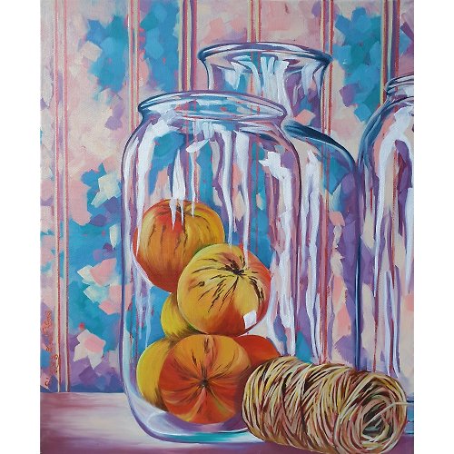 IllaUartGallery Apple Painting Jar Original Art Still Life Wall Art Oil Painting Canvas Art