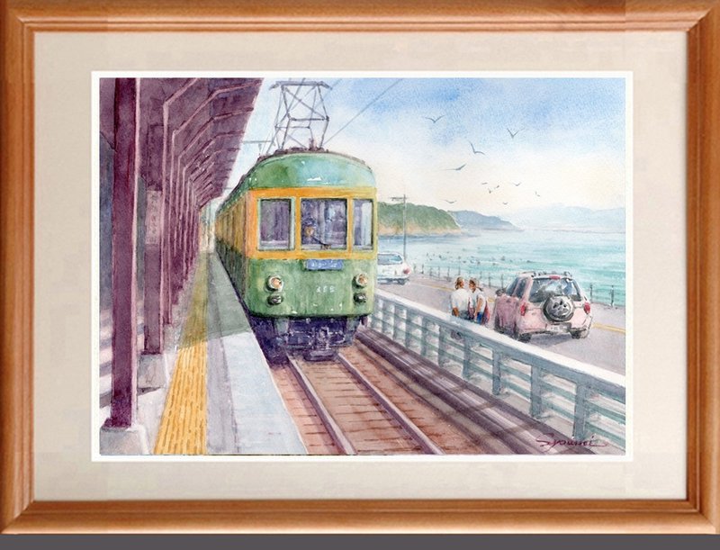 水彩画原画　江ノ電・鎌倉高校前駅ホームと七里ガ浜の海 - 海報/掛畫/掛布 - 紙 藍色