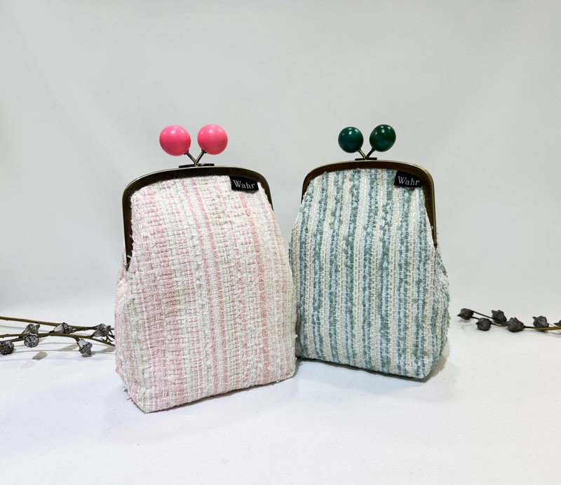 緞帶粉綠線條 口金包 手拿包 側背包 肩背包 隨身包 化妝包 - 側背包/斜背包 - 棉．麻 多色