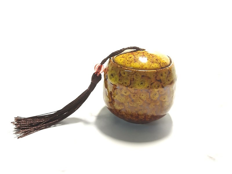 Pottery Other Yellow - Antique Small Clay Pot Moisture-Proof Cover Tea Can Storage Jar / Golden Art Yellow