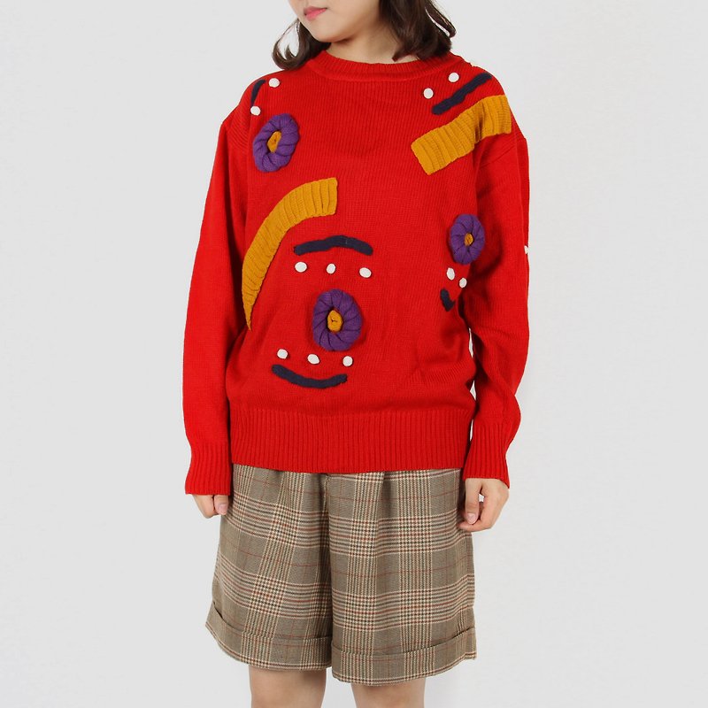 [Egg Plant Vintage] Childlike Donatz Three-dimensional Knitted Vintage Sweater - Women's Sweaters - Other Man-Made Fibers Red