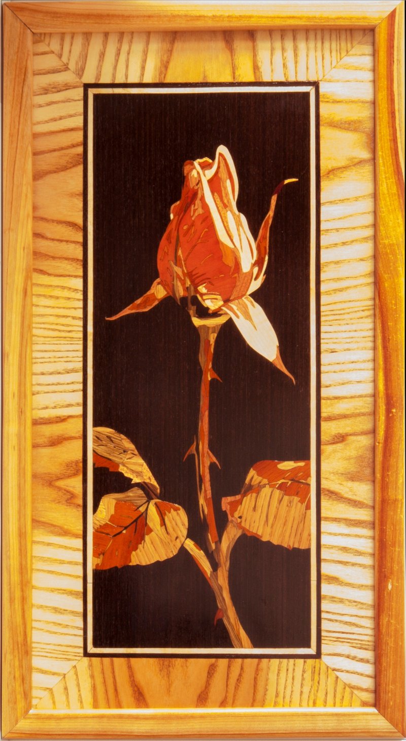 Rose flowers marquetry mosaic wall art framed boho style picture wood veneer - 壁貼/牆壁裝飾 - 木頭 橘色