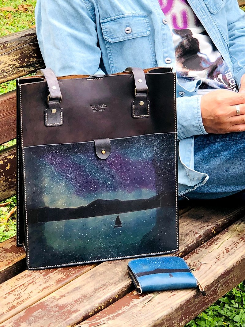 Genuine Leather Handbags & Totes - Starry sky tote bag leather hand-stitched notebook official handbag hand-dyed