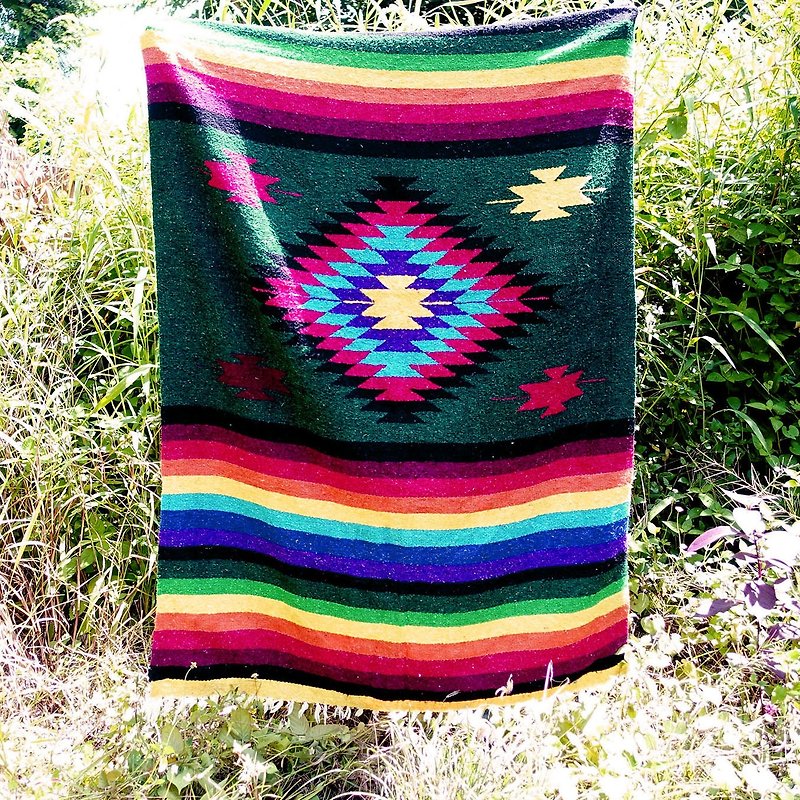 BajuTua /ヴィンテージ/メキシカン手作り毛布 - アステカグリーンカラーダイヤモンドパターンメキシコの敷物 - 毛布・かけ布団 - ウール グリーン
