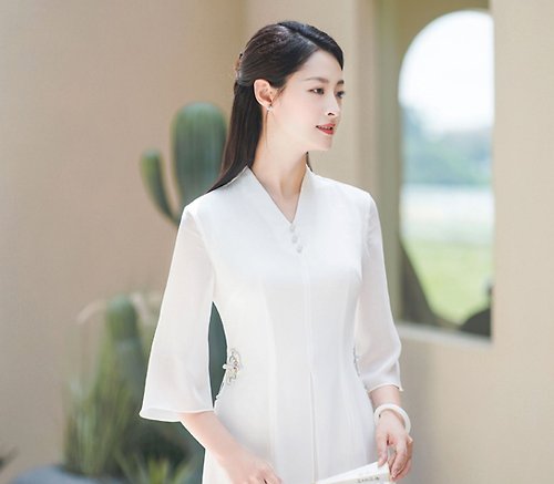 初蟬 新中式 中國風改良漢服白色仙氣禪意旗袍唐裝連衣裙洋裝