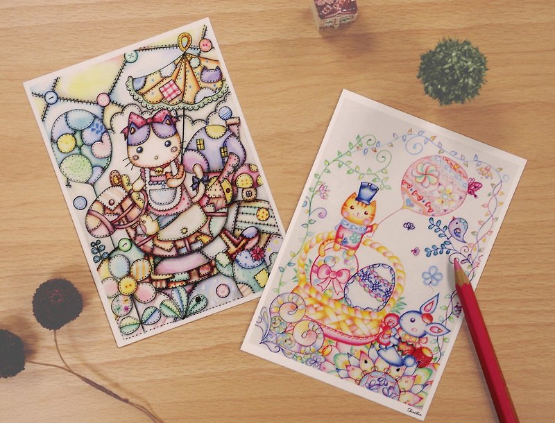 ChinChin Hand-painted Cat Postcard-Colored Pencil Series (2 in a set) - การ์ด/โปสการ์ด - กระดาษ หลากหลายสี