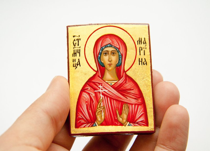 hand painted orthodox wood icon Saint Holy Martyr Marina Religious pocket size - 其他 - 木頭 紅色