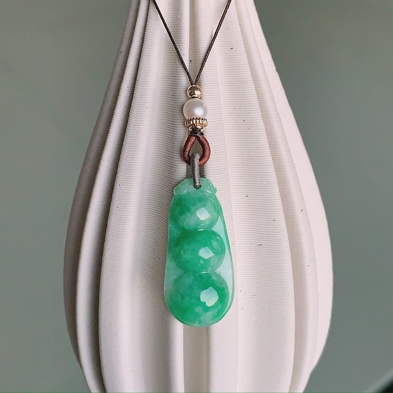 Yuancui - natural Burmese jade A goods Four Seasons Ping An natural pearl hand-tied rope - Keychains - Jade Green