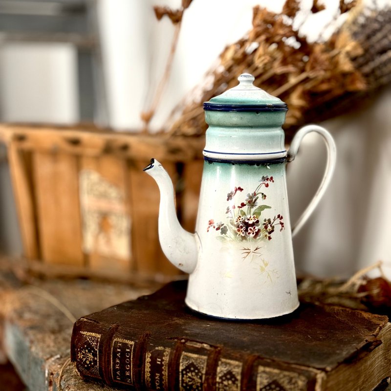 30973法國古董琺瑯咖啡壺French antique enamel coffee pot - 咖啡壺/手沖壺 - 其他材質 