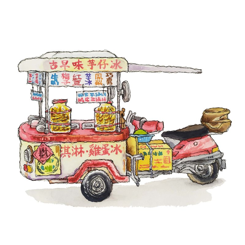 台灣古早冰淇淋車-餐車-藝術微噴懷舊海報 - 壁貼/牆壁裝飾 - 紙 紅色