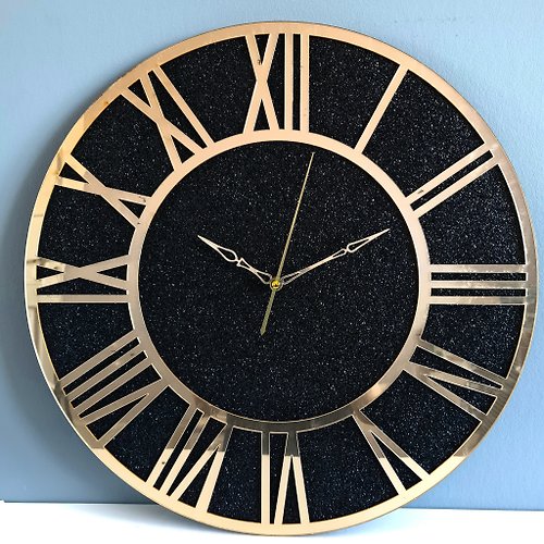 Artdilia Large black wall clock 50 cm Golden dial Handmade art clock Silent wall clock