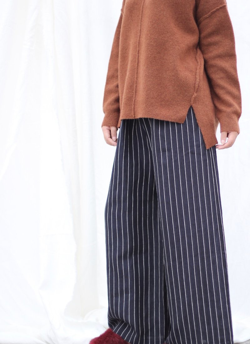 [Spot] original retro literary yarn-dyed linen wide-leg pants - dark blue wide stripes - Women's Pants - Linen Blue